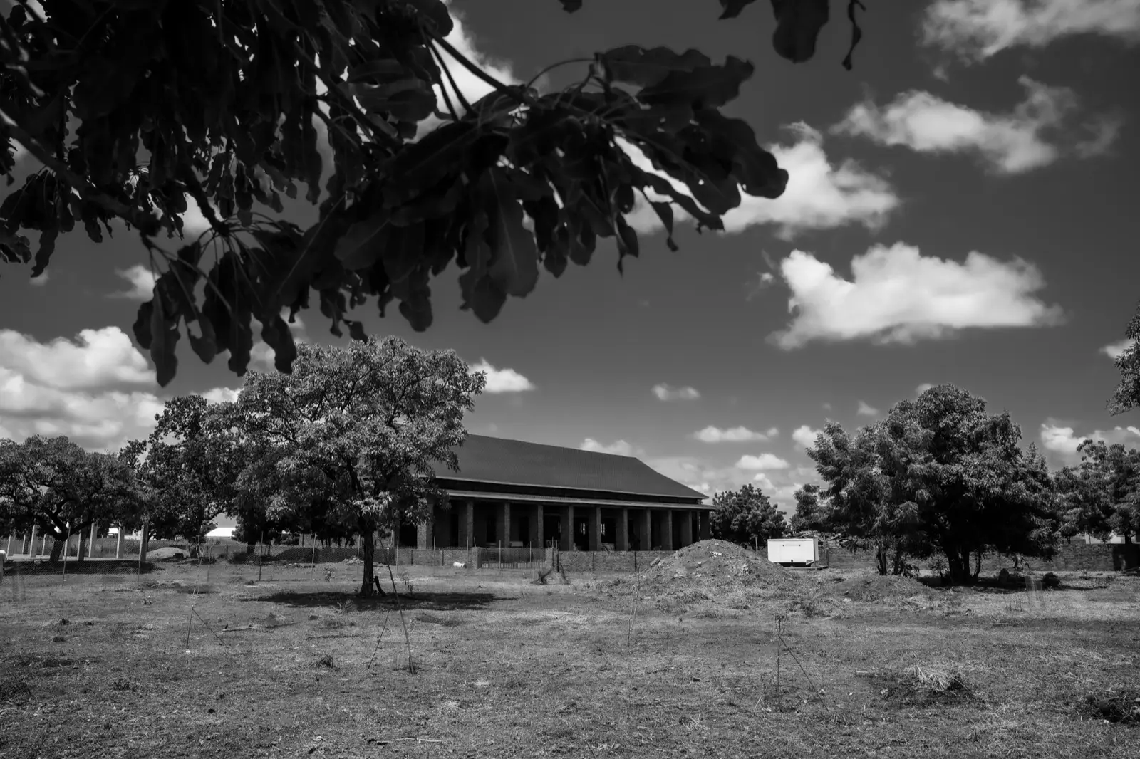 Black and white view of the land and buildings